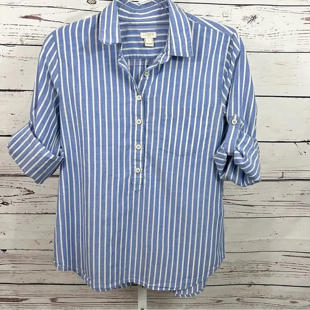 J. Crew Blue and White Striped Button Front Long Sleeve Shirt Size Small